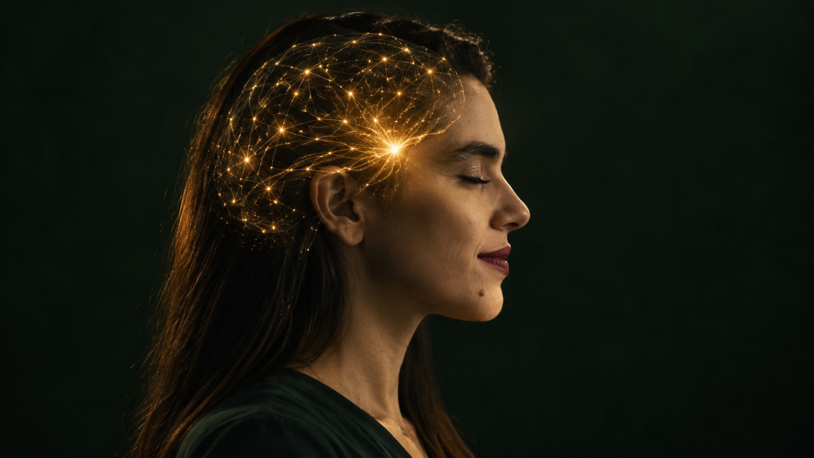 Perfil de mulher com rede neural dourada, representando as conexões do cérebro
